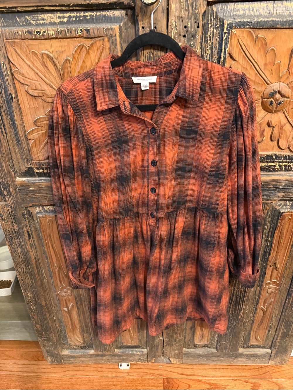 beachlunchlounge Orange and Black Plaid Button-Front Tunic